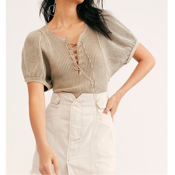 Free People One Hayden Waffle Knit Thermal Puff Sleeves Lace Up Front Ren Fair S - Picture 11 of 11